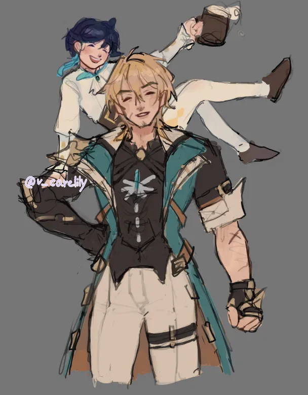 (wip) I keep seeing those height comparisons... Venti is so tiny next to him and I love the idea that Venti likes to climb on him and get carried around and Varka just let's him😭

#Venti #Varka #GenshinImpact