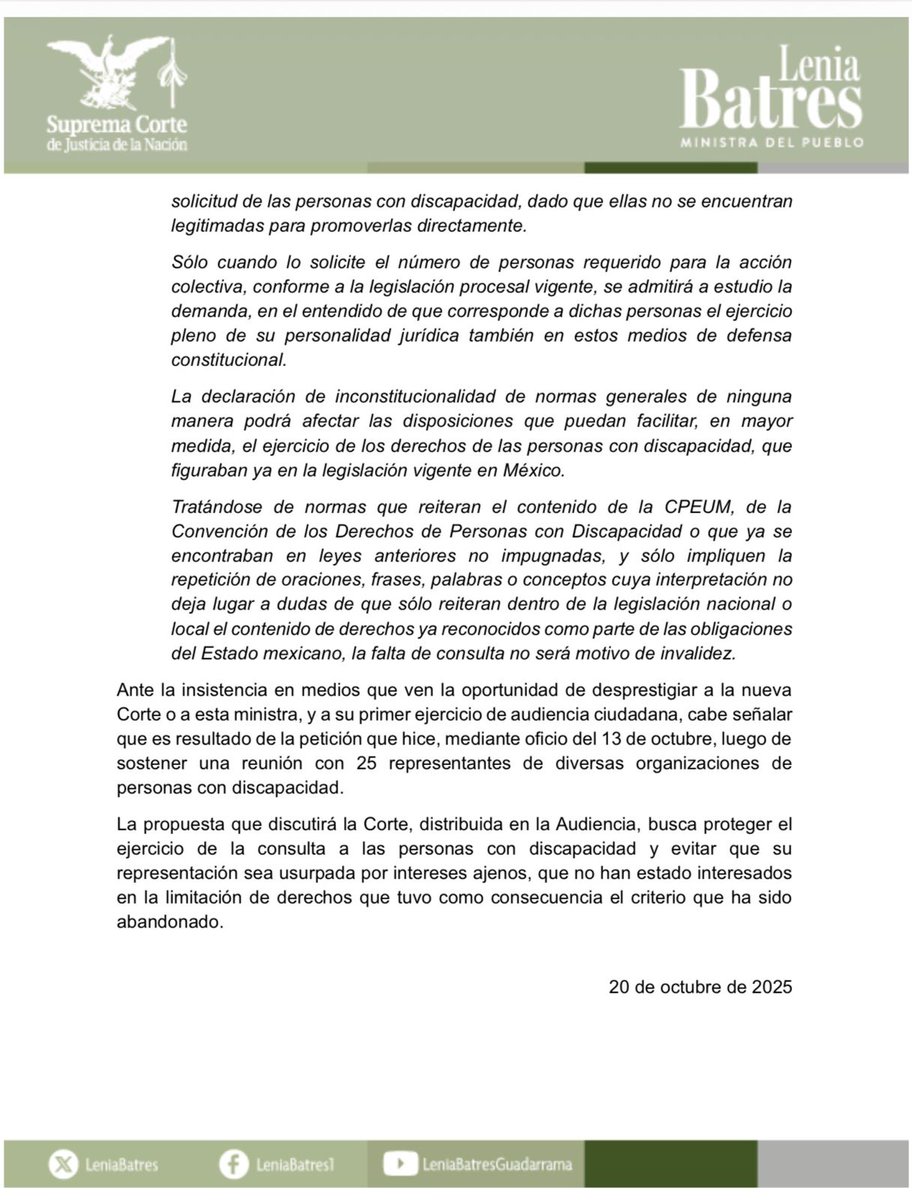 💥BOOM💥

Una vez más, la #MinistraDelPueblo, <a href="/LeniaBatres/">Lenia Batres</a> , pone en el centro de la discusión judicial un tema de profunda justicia social, el derecho de las personas con discapacidad a ser consultadas y escuchadas antes de que se legisle sobre su vida y sus derechos.

Durante
