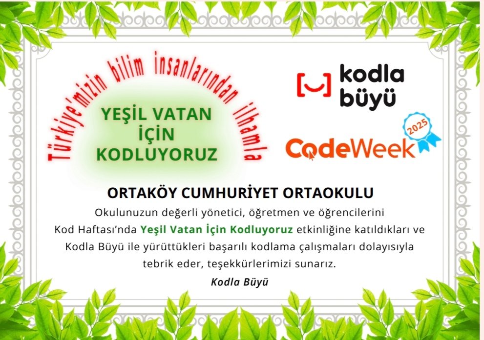 ortkycumhuriyet's tweet image. Codeweek 2025 kapsamında “Yeşil vatan için kodluyoruz” etkinliğinde Ortaköy Cumhuriyet Ortaokulu  olarak biz de yer aldık.