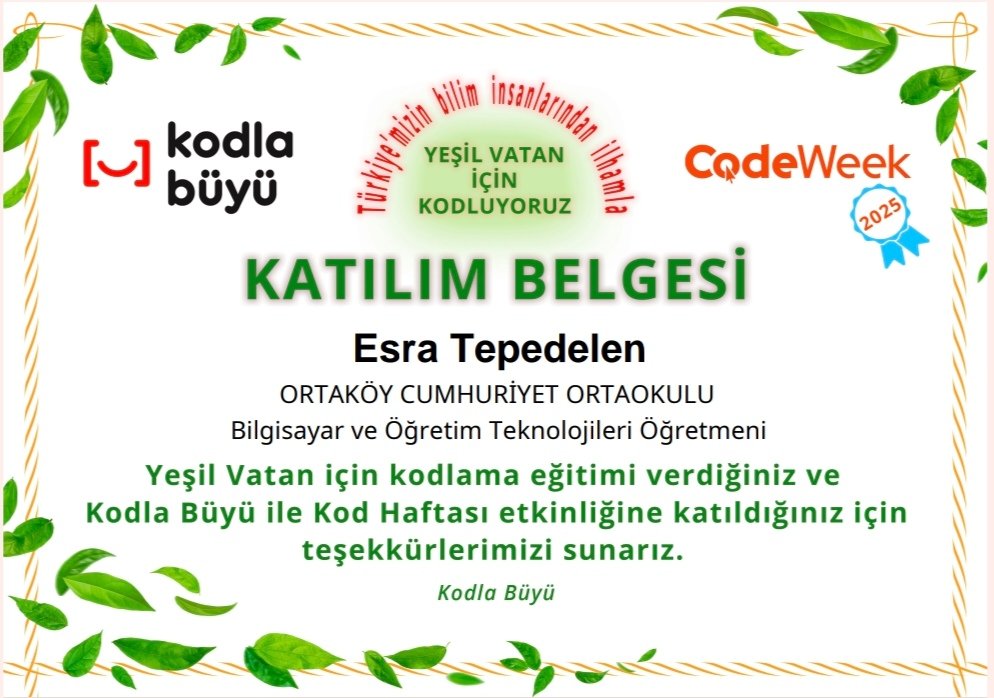 ortkycumhuriyet's tweet image. Codeweek 2025 kapsamında “Yeşil vatan için kodluyoruz” etkinliğinde Ortaköy Cumhuriyet Ortaokulu  olarak biz de yer aldık.
