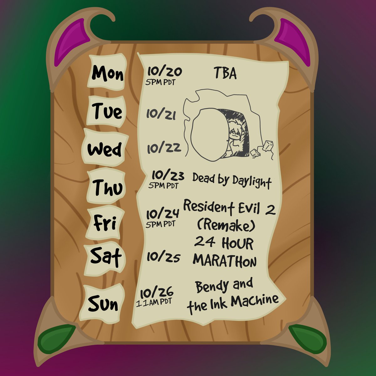 Halloween draws ever nearer, and its time to put my fear to the test with this weeks SCHEDULE!
~
Mon: TBA 5pm PDT
Thu: Dead by Daylight 5pm PDT
Fri: RE2 Remake 24 hour marathon! 5pm PDT
Sun: Bendy and the Ink Machine 11am PDT
~
#vtuber #ENVtuber #twitchstreamer #ResidentEvil
