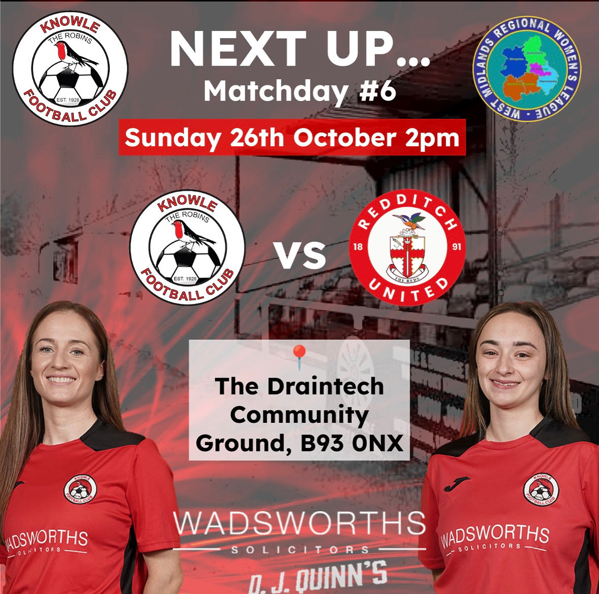 We’re back in action this Sunday!!

🆚 Redditch United Women
🏟️ Draintech Community Ground, Hampton Rd, B93 0NX
⏰ 14:00pm KO
🗓️ Sunday 26th October
🎟️ Free entry

#knowleladiesfc #uptherobins #wmrwl