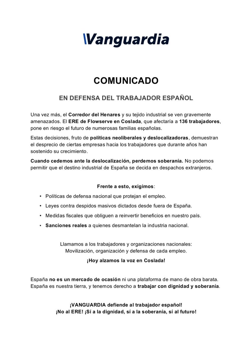 Vanguardistas_'s tweet image. EN DEFENSA DEL TRABAJADOR ESPAÑOL. 

¡NO AL ERE DE FLOWSERVE!

#Coslada #Flowserve #Velilla