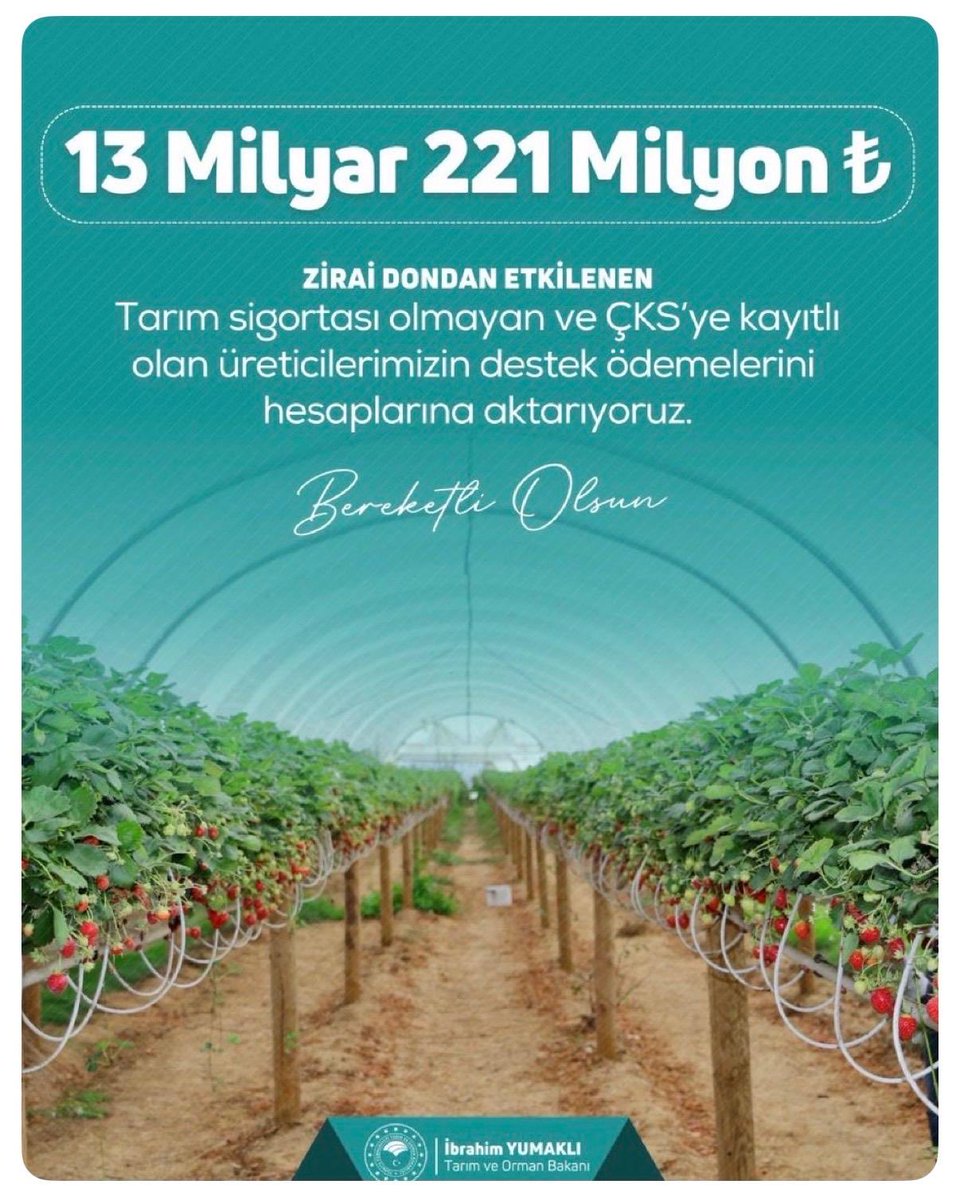 Cumhurbaşkanımız Sayın Recep Tayyip Erdoğan’ın liderliğinde, üreticimizi hiçbir zaman yalnız bırakmadık, bırakmıyoruz.

Zirai dondan etkilenen, sigortasız ancak Çiftçi Kayıt Sistemi’ne (ÇKS) kayıtlı üreticilerimize 13 milyar 221 milyon TL destek ödemesi hayırlı olsun. 🌾