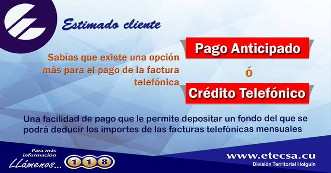 💥 Crédito Telefónico💥, otra forma de pago de su factura telefónica a través de #Transfermóvil "Pago Parcial".
✅ Si deja crédito a su servicio evita que el servicio sea suspendido garantizando el pago automático de facturas posteriores según el monto depositado.
#EtecsaConCuba