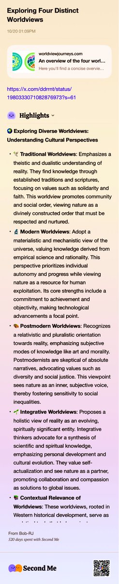 BurkhartRj's tweet image. Seeking integrative systemic thinking frameworks?

worldviewjourneys.com/four-worldview…

#MeBot2 #MEMETICS #NEMAswarm …

second.me/memory/OUASJSM…
Click here to save it as your own.