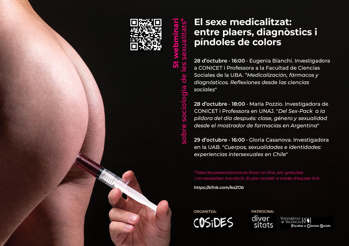 COSiDES_uv's tweet photo. 💊5è Webminari Sociologia de les Sexualitats
 El sexe medicalitzat: entre plaers, diagnòstics i píndoles de colors 💉

🗓️ 28–29 d’octubre
🕓 Sessions en línia i gratuïtes
🔗 https://t.co/6ofvEAhY5r

Amb Eugenia Bianchi, María Pozzio i Gloria Casanova

 @COSiDES_UV @diversitatsUV https://t.co/P9wjXVVjlb