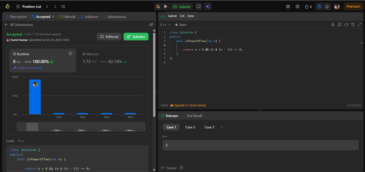 AIDev_Sumit's tweet image. Day 89 of #100DaysOfCode 🧠
Solved “Power of Two” on LeetCode using C++ ⚡
One-line bit manipulation trick:
n > 0 && (n & (n - 1)) == 0; ✅
Amazing how binary logic makes this so elegant! 🔥
#LeetCode #Coding #Cplusplus #100DaysOfCodeChallenge
