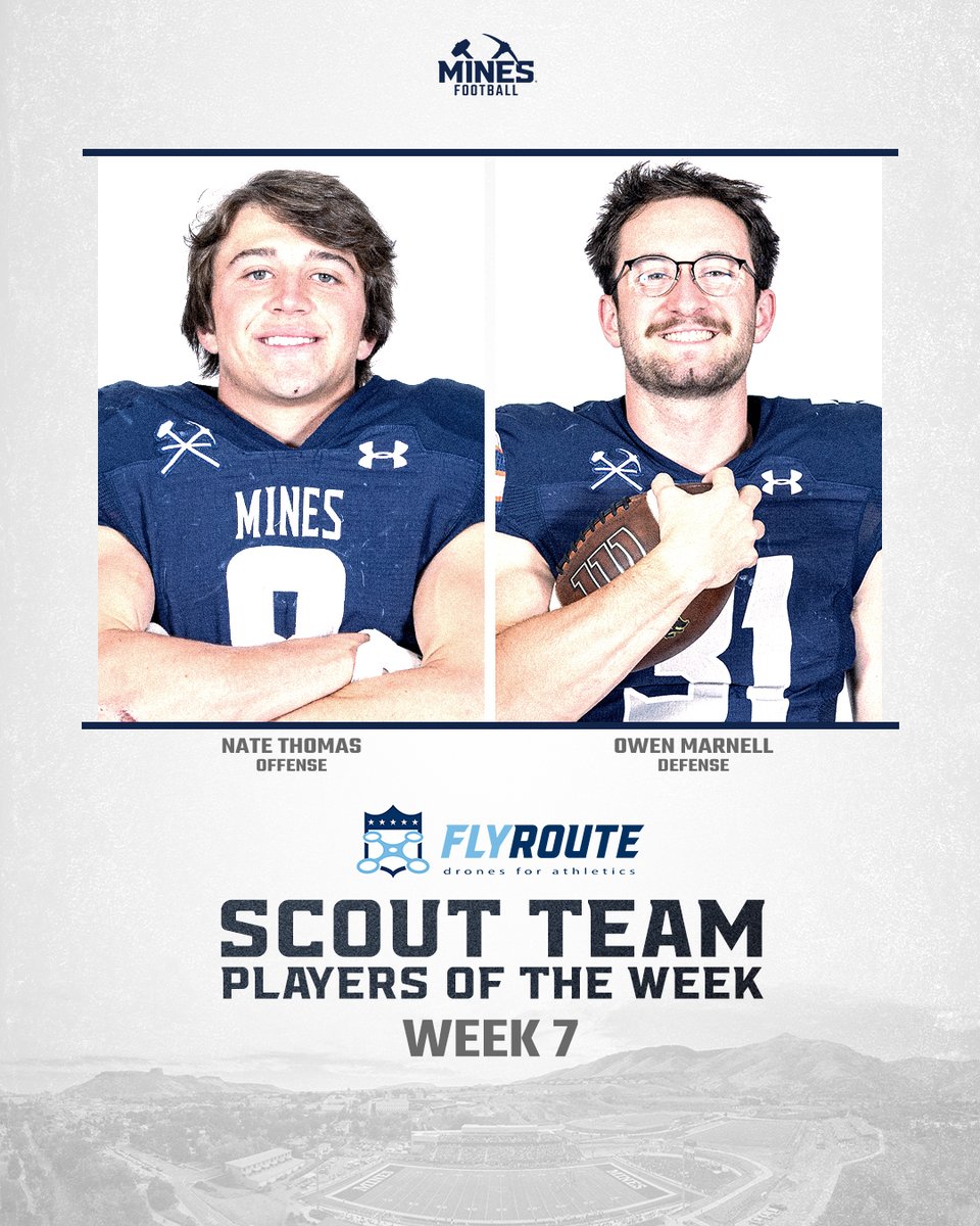MinesFootball's tweet image. Our @FlyRouteDrones Scout Team Players of the Week are Nate Thomas and Owen Marnell!
#HelluvaEngineer⚒️