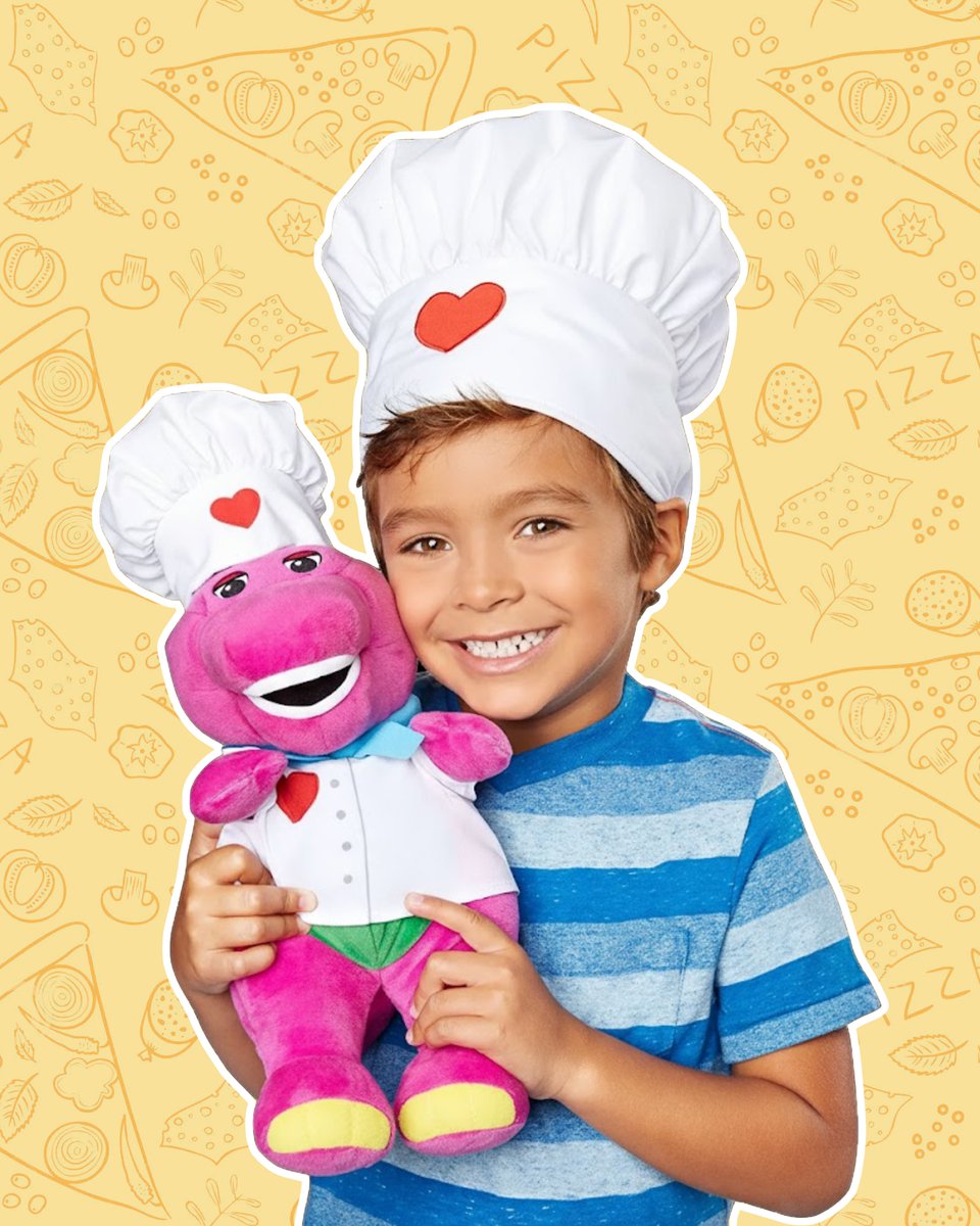 Barney and his little chef friend are cookin’ up a pizza! what’s YOUR favorite topping? 🍕