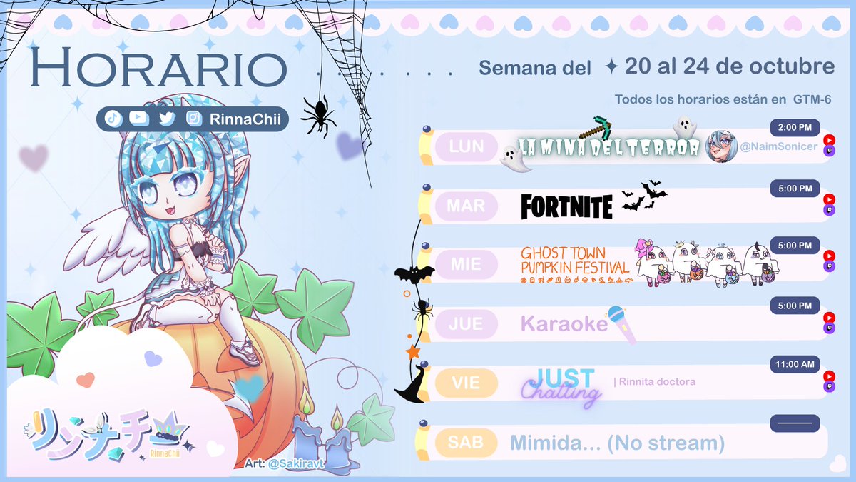 📅 HORARIO SEMANAL ‼

¡Ya empezamos la semanita con eventito hoy junto a <a href="/NaimSonicer/">Naim Sonicer💛🐿️</a>! (≧∀≦) 🎃 ¡También tenemos collab con <a href="/nefuu_/">Nefuu 🐰🔮 | VGen</a> 🐰<a href="/AnniePrincessu/">Annie Princessu👑🥑 l Vtuber</a> 👑 y <a href="/Rufivt_/">Rufinitawr ☠️💜</a>💜este miercoles! y MÁS!!🍬🍭

🤍♡⃕    twitch.tv/rinnachii
🌺 ♡⃕    youtube.com/c/RinnaChii

💎! #vtuber