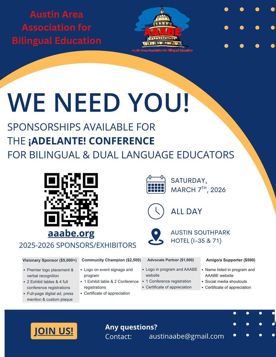 🚀 <a href="/AustinAABE/">AAABE</a> Adelante Conference 2026

Excited to announce sponsorship opportunities are now available!

Educators &amp; families, save the date: March 7, 2026. 
Don’t miss it!