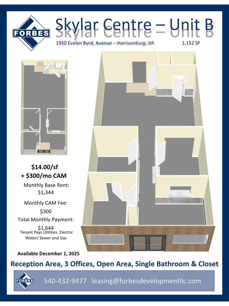 ForbesDevLLC's tweet photo. For Rent:
Skylar Centre- Unit B 
1950 Evelyn Byrd Ave. Hburg, VA 22801
Monthly Rent: $1644
Tenant Pays Utilities. Electric. Water/Sewer. and Gas
Available: December 1, 2025

To view this location call us at 540.432.9477 or email: leasing@forbesdevelopmentllc.com https://t.co/juz0cqHimb
