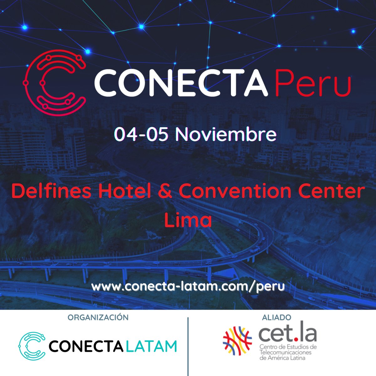 🗓️ Les invitamos a participar de #ConectaPerú 

El evento reunirá a los ejecutivos de alto nivel de los operadores, regulador y gobierno para una actualización del sector #telecomunicaciones en #Perú.

🎟️ Pueden acceder a un descuento en su registro, con el código Partner@Peru25