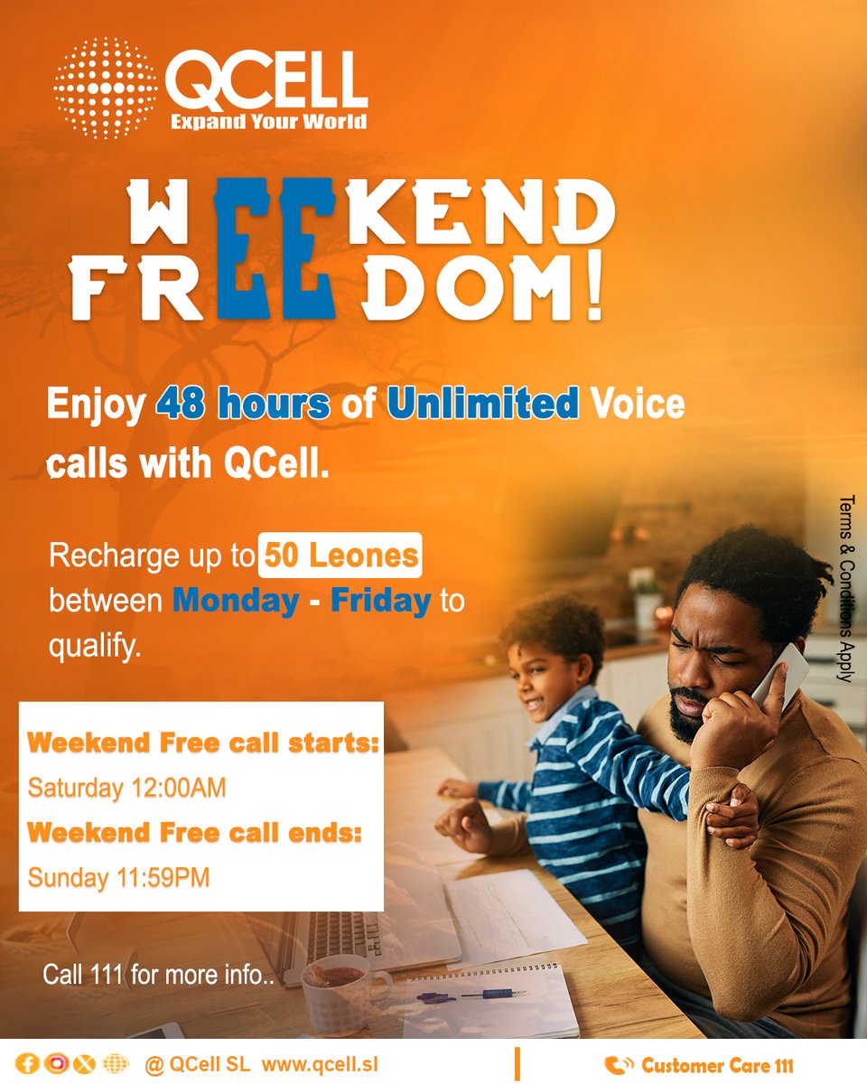 QcellSL's tweet photo. Recharge Le50 from Monday to Friday and enjoy Unlimited QCell to QCell calls all weekend long.
Tok tae go with u family or friends for as long as you want.
Call 111 for more info Itโs a Banga ๐ช๐พ
#WeekendFreedom
#TalkMoreforLess
#Banga https://t.co/Qiui5nCM51