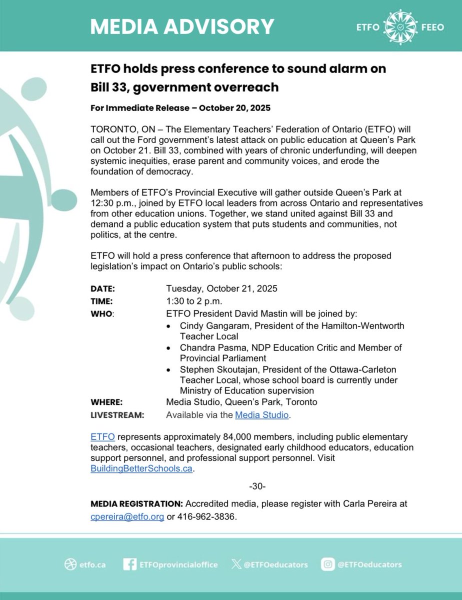 ETFOPeel's tweet image. #ETFO MEDIA ADVISORY: ETFO holds press conference to sound alarm on Bill 33, govt overreach

“We stand united against Bill 33 &amp;amp; demand a public #OntEd system that puts students &amp;amp; communities, not politics, at the centre.”

Details below &amp;amp; via link. #OnLab

etfo.ca/news-publicati…