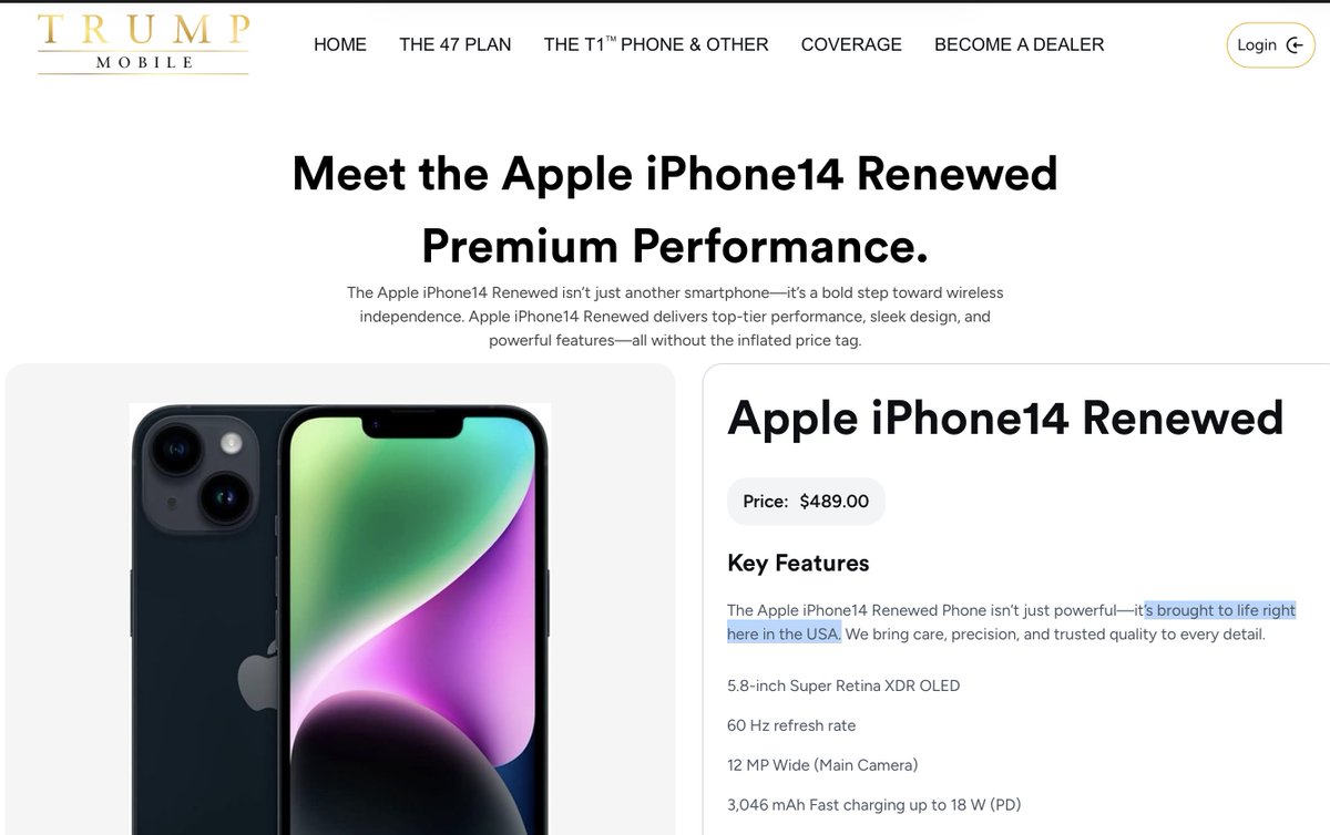 Trump Mobile is now selling refurbished iPhones and Samsungs and calling them "brought to life in the USA"

refurbing a phone does not mean it was "brought to life in the USA" lmao