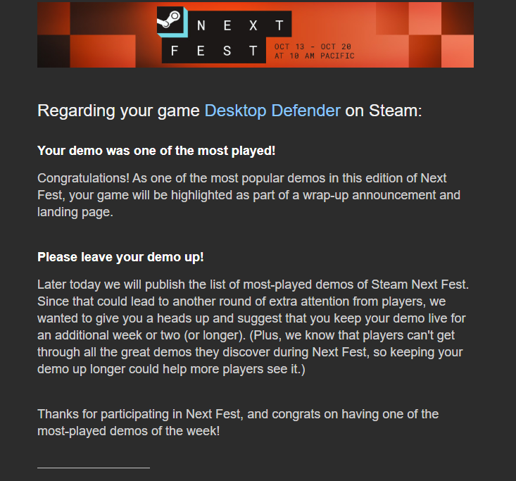 ConradicalGames's tweet image. 1 week ago we had 3 players, today I got this e-mail.

Thank you all so much ♥️