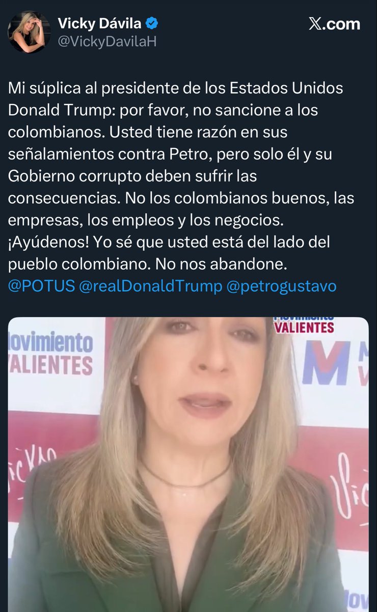 JACOBOSOLANOC's tweet image. La candidata Vicki Davila le suplica a Trump, no le da vergüenza arrastrarse de esta manera. Y le dice: usted tiene razón en sus señalamientos contra Petro. Es decir que avala que Petro es un líder del narcotráfico y le da licencia para entrar en Colombia a bombardear. En serio…