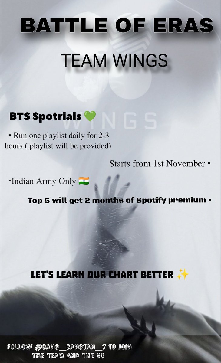BORA💜BEECH⁷~ᴮᵗˢ ʸᵉᵃʳ~TeamSUGA🥢 (@bang__bangtan_7) on Twitter photo INDIAN SPOTIFY USERS #TeamWings IS CALLING YOU TO JOIN US FOR A TEST RUN ON SPOTIFY FOR A MONTH TO LEARN OUR CHARTS. 
ALL YOU HAVE TO DO IS STREAM A PLAYLIST FOR 2-3 HOURS. 
TO JOIN THE TEAM, DROP YOUR @ BELOW & FOLLOW ME SO I CAN ADD YOU IN GC. 
Poster by <a href="/Bangtanfavchild/">𝙽𝚊𝚗𝚊 🍝</a> INDIAN SPOTIFY USERS #TeamWings IS CALLING YOU TO JOIN US FOR A TEST RUN ON SPOTIFY FOR A MONTH TO LEARN OUR CHARTS. 
ALL YOU HAVE TO DO IS STREAM A PLAYLIST FOR 2-3 HOURS. 
TO JOIN THE TEAM, DROP YOUR @ BELOW & FOLLOW ME SO I CAN ADD YOU IN GC. 
Poster by <a href="/Bangtanfavchild/">𝙽𝚊𝚗𝚊 🍝</a>