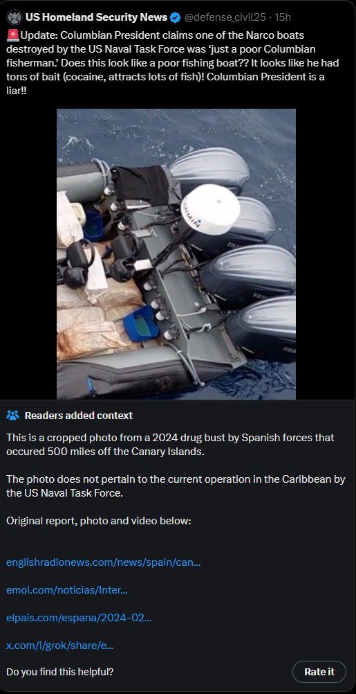 <a href="/defense_civil25/">US Homeland Security News</a> You guys got Community Noted (BUSTED) in a blatant attempt to take a photo from a year ago and claim it's the same boat you just blew up.

Truly pathetic.
Stop murdering people.