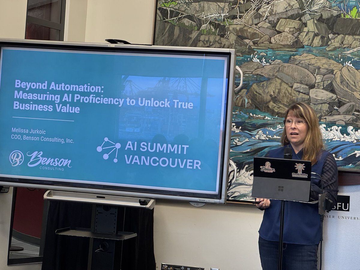 Full house at #AISummitVancouver as <a href="/melissa_jurkoic/">Melissa Jurkoic</a> dives into measuring AI Proficiency to unlock true ROI. 
Because tech only delivers results when people do. 💡
#AIAdoption