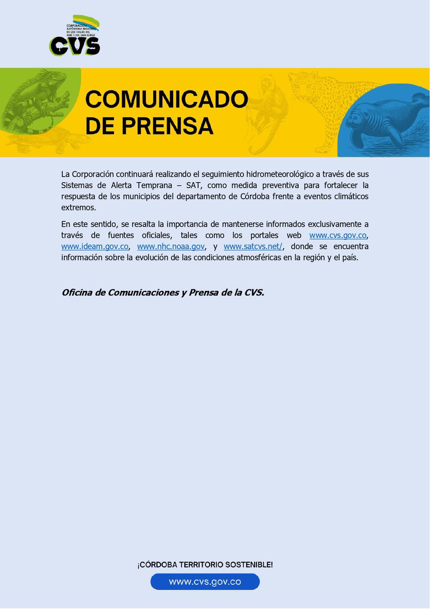 #AlertaCVS ⚠️ La CVS informa que el IDEAM emitió estado de vigilancia para Córdoba por la onda tropical AL98. Se prevén lluvias moderadas a fuertes del 20 al 22 de octubre en Alto Sinú, San Jorge y zona costera. 

📄 Comunicado completo 👇🏻