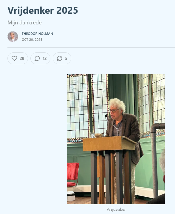 Ziet u die man met dat witte haar?👇
Dat is een vrijdenker.
Hij durft te denken. En te twijfelen.
Want een goede zaak is het waard om betwijfeld te worden.
Houd mannen zoals hij in ere.❤️
<a href="/TheodorHolman/">Theodor Holman</a> 
slordigleven.nl/p/vrijdenker-2…