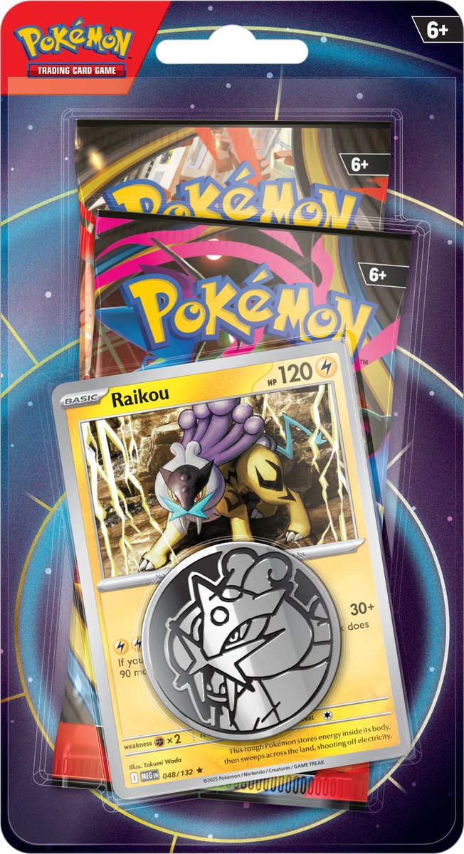 PokemonRestockr's tweet photo. A Raikou 2-pack blister will also release this January with a cosmos holo version of Raikou from Mega Evolution, two booster packs, and a Raikou coin!

Also New Suicune and Kyogre Knock Out Collections, Raikou 2-Pack Blister!

#Pokemon #PokemonTCG https://t.co/PDA4PN1ZaY
