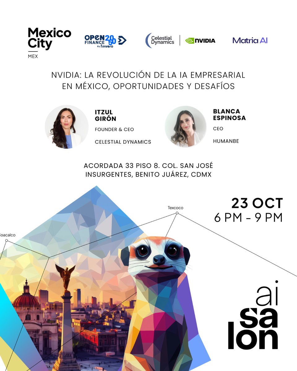 AI Salon México City. Evento #InteligenciaArtificial.
23 oct, 6pm. en #celestialDynamics
Regístrate gratuitamente y conoce el primer AI POD de inteligencia artificial con tecnología <a href="/nvidia/">NVIDIA</a> AI enterprise luma.com/AI-Salon-Mexic…