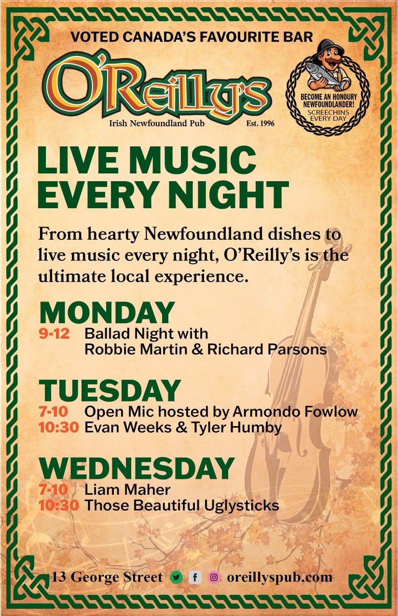 🎶 Live Music Every Night at O’Reilly’s! 🍻
#LiveMusic #GeorgeStreet #DowntownStJohns #Newfoundland #IrishPub #OReillysPub #ScreechIn #HonoraryNewfoundlander #TradSession #NLFood #PubLife #EastCoastMusic #YYT #LoveDowntownStJohns #OReillysExperience #EatLocal #DrinkLocal