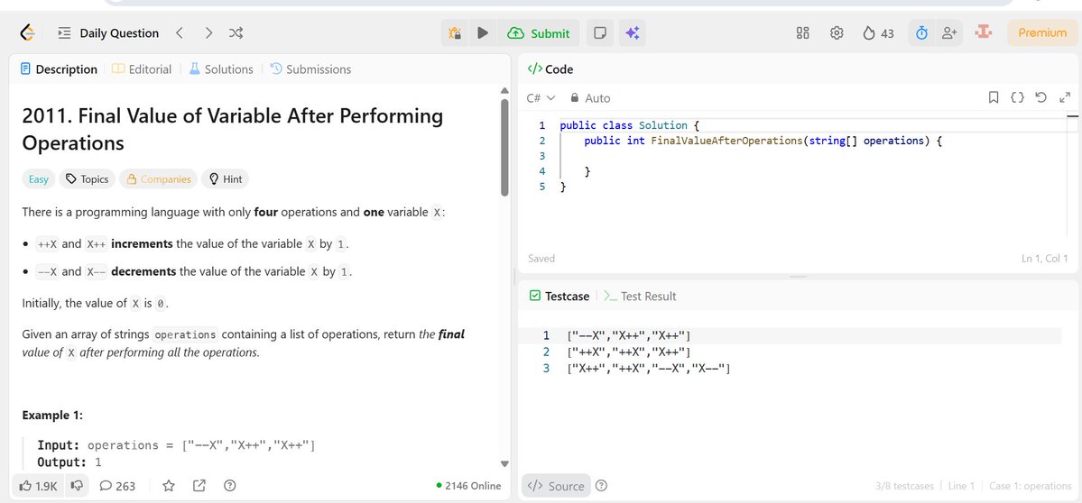 IntrovertTechi's tweet image. Day 16
POTD : 2011
Easy one.
 #DSA #LEETCODE #100DaysOfCode #100DayChallenge 
 #String