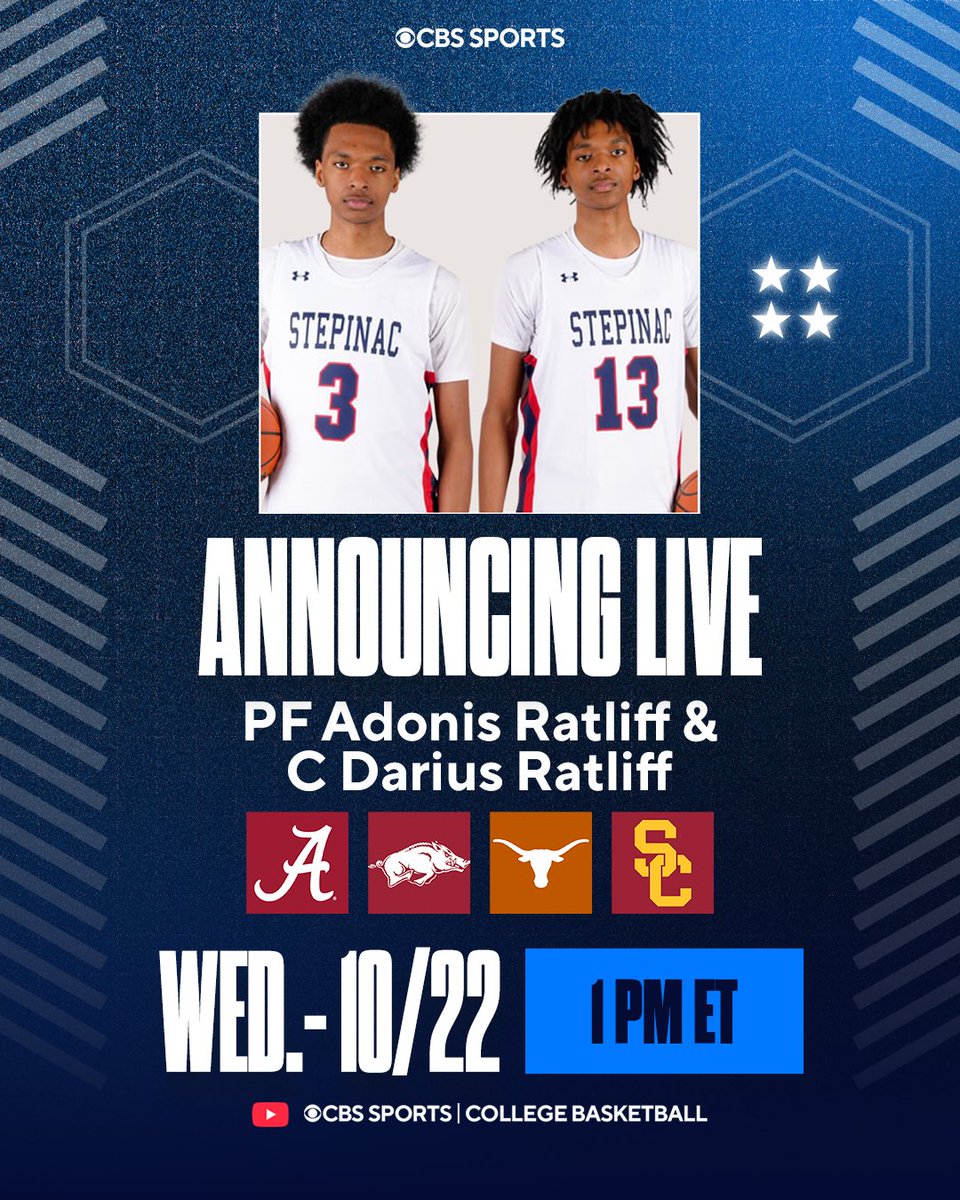 Dushawn London (@dushawnlondon1) on Twitter photo NEWS: 7-foot, four-star twins Adonis and Darius Ratliff will announce their college commitment live on CBS Sports’ YouTube Channel, Wednesday, Oct. 22 at 1 PM ET.
Finalists:
- Alabama
- Arkansas 
- Texas 
- USC NEWS: 7-foot, four-star twins Adonis and Darius Ratliff will announce their college commitment live on CBS Sports’ YouTube Channel, Wednesday, Oct. 22 at 1 PM ET.
Finalists:
- Alabama
- Arkansas 
- Texas 
- USC