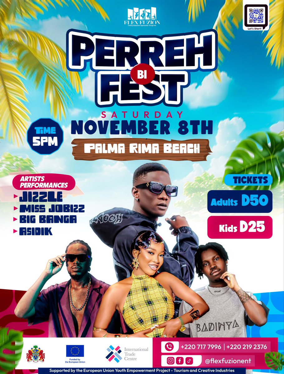 The stage is set 🚨 Brace yourself for an unforgettable night of pure Gambian energy at #PerrehBiFest with Gambia’s finest artists, Jizzle, Big Banga, Asidik and Miss Jobizz all on one stage! 
 
#PerrehBiFest #SmilingCoastExperience #MadeInGambia