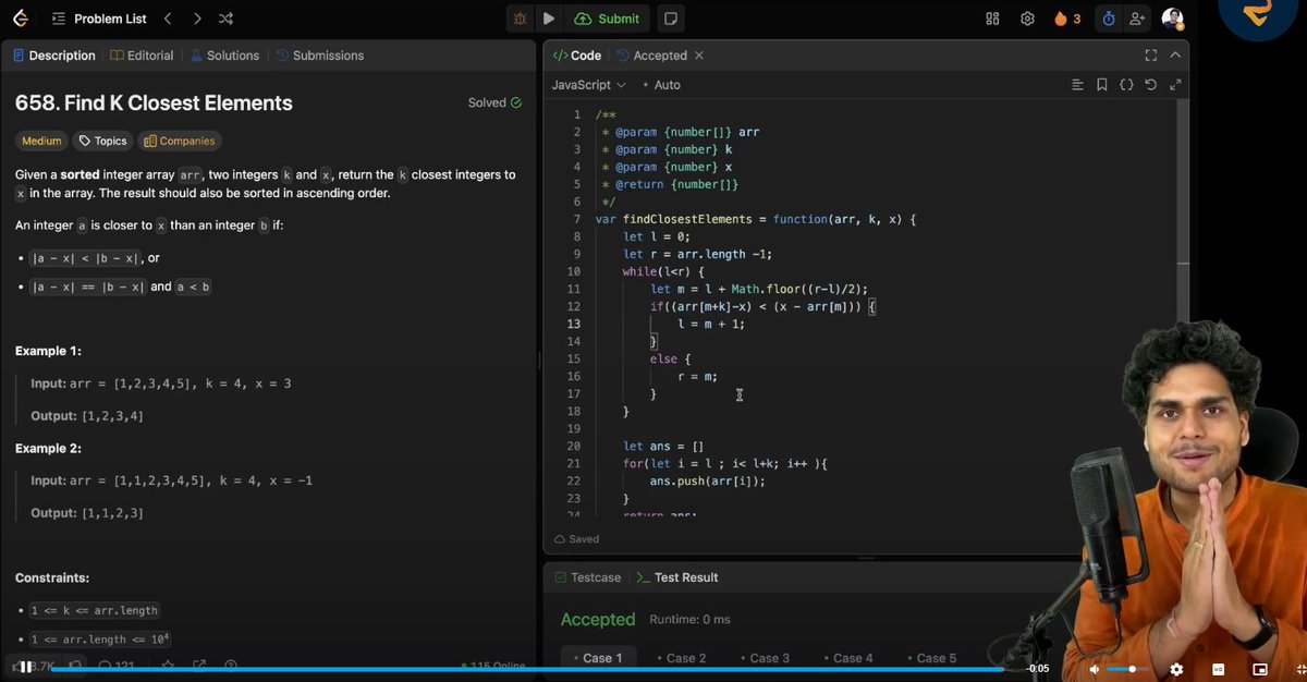 Zaryab_005's tweet image. Day 62 of DSA🚀
Revised the entire Binary Search module today 🔁
Locked in these problems:
1️⃣ Search in Rotated Sorted Array
2️⃣ Find Peak Element
3️⃣ Minimum in Rotated Array
4️⃣ First & Last Position in Sorted Array
5️⃣ K Closest Elements
Feeling more confident now.