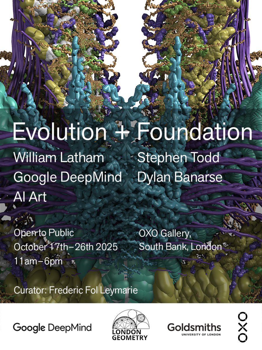 "Evolution and Foundation" open 11am-6pm to Oct 26th where #googlegemini takes creative control of <a href="/WilliamLatham1/">William Latham</a> generative art. Dive into the process and AI's thoughts and AI-generated 'audio guides' at <a href="/oxotowerwharf/">Oxo Tower Wharf</a>, London.
#humanAIcreativity
Sponsored by <a href="/GoogleDeepMind/">Google DeepMind</a>