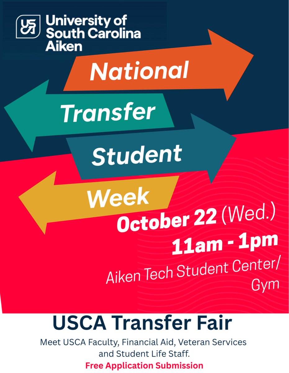 ChooseAiken's tweet image. We’re celebrating #NationalTransferStudentWeek here at USCA. Can’t wait to meet lots of future Pacers at #AikenTech on Wednesday! #transfer #ChooseAiken ⁦@Aiken_T_College⁩