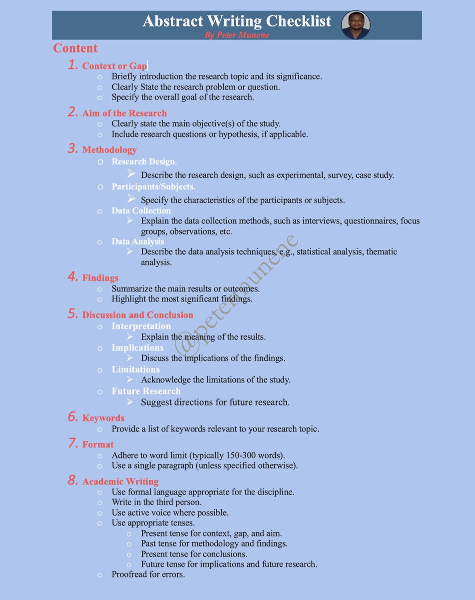 munene_pm's tweet image. 𝗔𝗯𝘀𝘁𝗿𝗮𝗰𝘁 𝗪𝗿𝗶𝘁𝗶𝗻𝗴 𝗖𝗵𝗲𝗰𝗸𝗹𝗶𝘀𝘁 #phdlife #PhD #thesis #dissertation_help