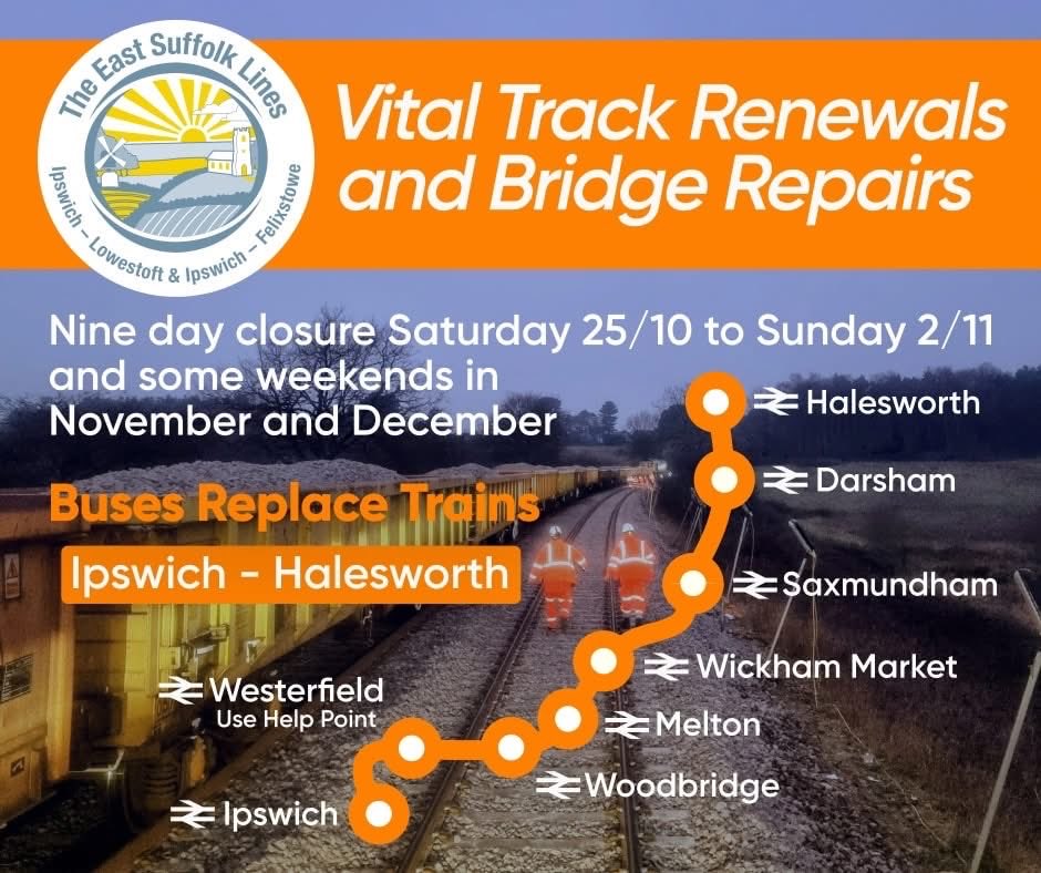 🟧 Vital Track Renewals and Bridge Repairs this Autumn (October, November, December)

Track renewal and bridge repair work will be taking place from this Saturday 25 October through Sunday 2/11 along with some weekends until mid December.

Buses Replace Trains Ipswich –