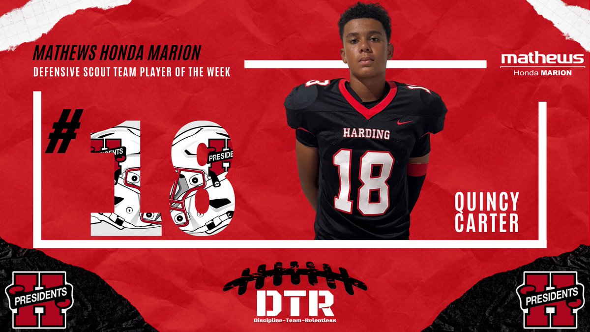 Congratulations to Jaheem Gray and Quincy Carter for earning Offensive and Defensive Scout Team Players of Week in Week 9. 

Thank you to Mathews Honda Marion for sponsoring our players of the game recognition. 

#DTR #HonorForever