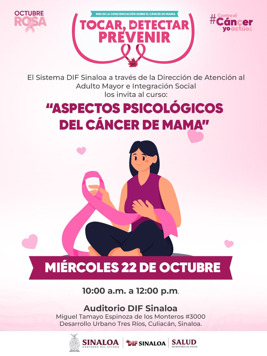 Te invitamos a participar en el curso “Aspectos psicológicos del cáncer de mama”, un espacio para comprender, acompañar y fortalecer desde la empatía. 🙌🏻💗

🗓️Miércoles 22 de octubre 
📍Auditorio DIF Sinaloa
🕢 10:00 AM - 12:00 PM 

¡Te esperamos! ✨ #DIFSinaloaContigoSiempre