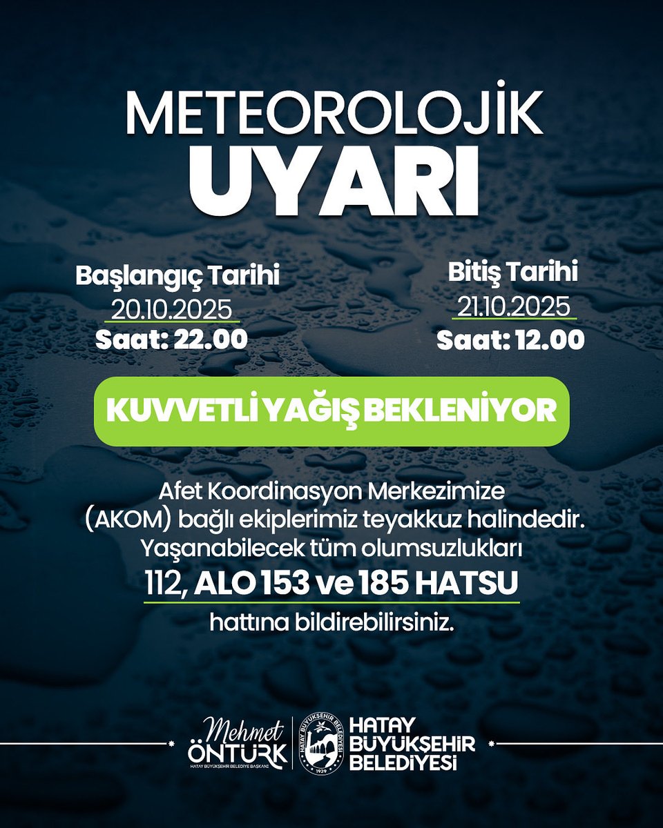 ⚠️İlimiz genelinde akşam saatlerinden itibaren başlayacak yağışın yarın (21 Ekim) öğlene kadar sürmesi bekleniyor.

AKOM’a bağlı ekiplerimiz teyakkuz halindedir. Yaşanabilecek tüm olumsuzluklar için bizimle iletişime geçebilirsiniz.