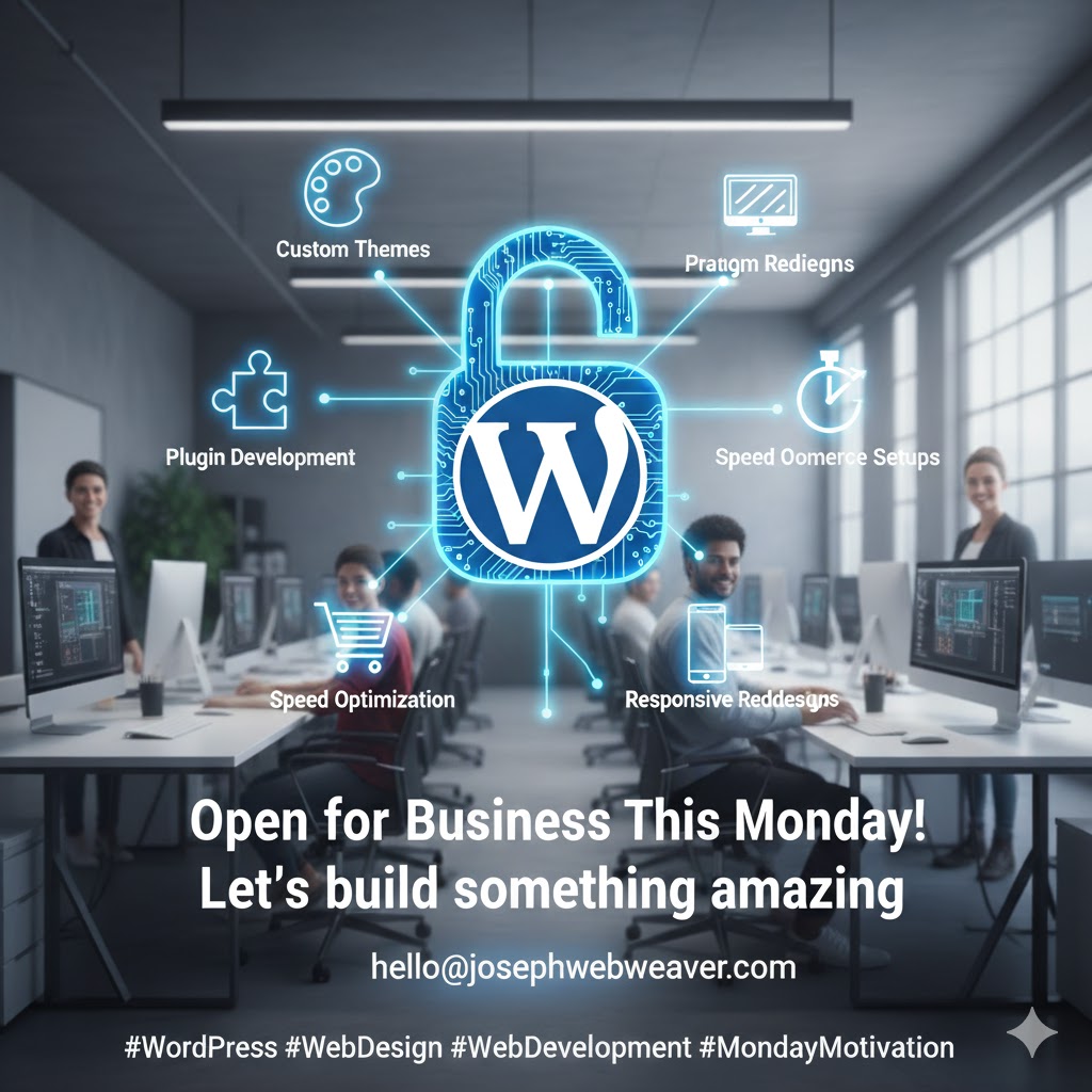 TheJosephDev's tweet image. Happy Monday! 🎉 I'm open for business and taking on new WordPress design & development projects this week.
If you're tired of a slow site, a clunky design, or non-existent mobile performance, let's fix that.
#WordPressFreelancer #WebDevelopment #MondayMotivation