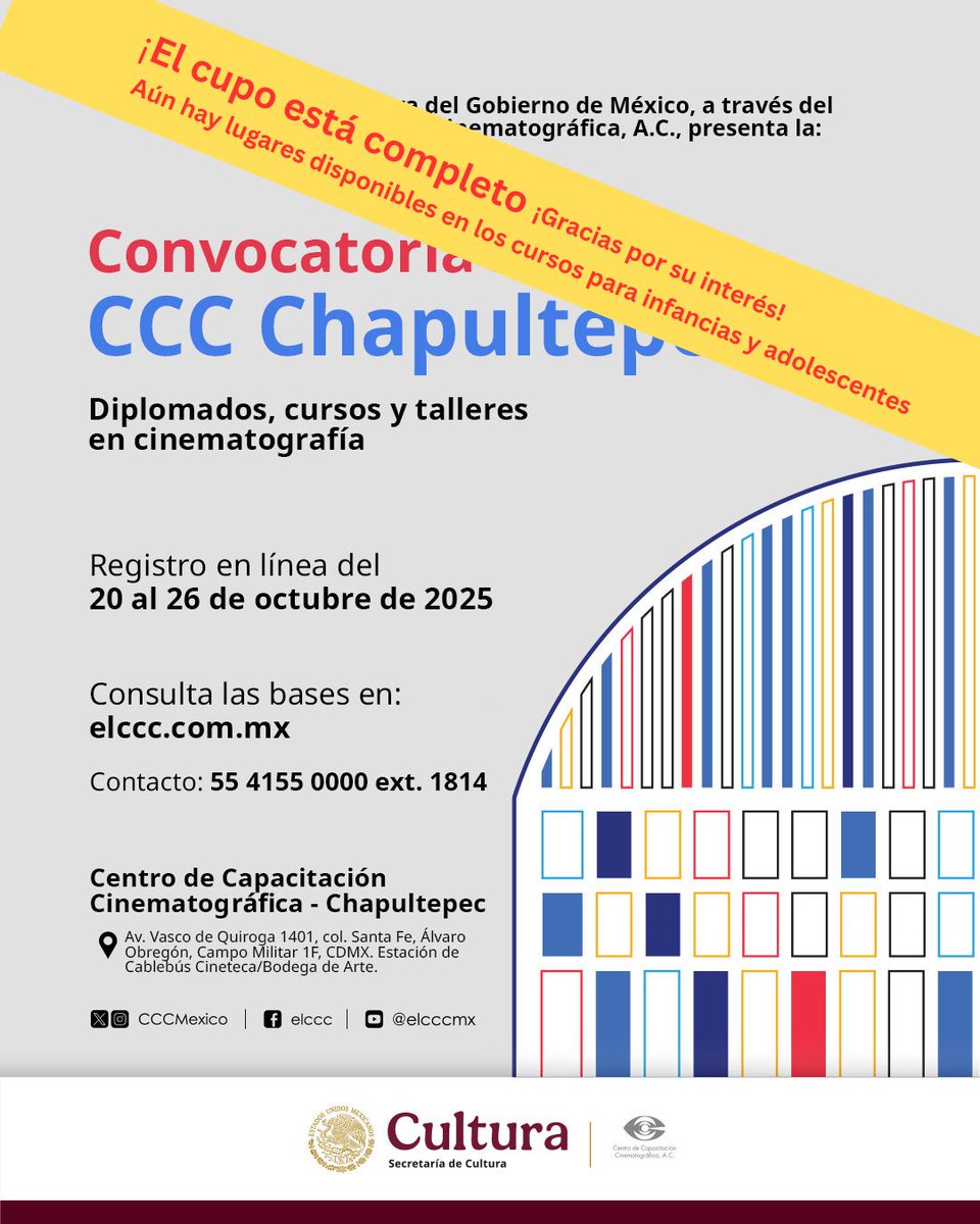 ¡Gracias por su interés! El cupo está completo! 

Solo hay lugares disponibles en los cursos para infancias y adolescentes. elccc.com.mx

#CCCChapultepec