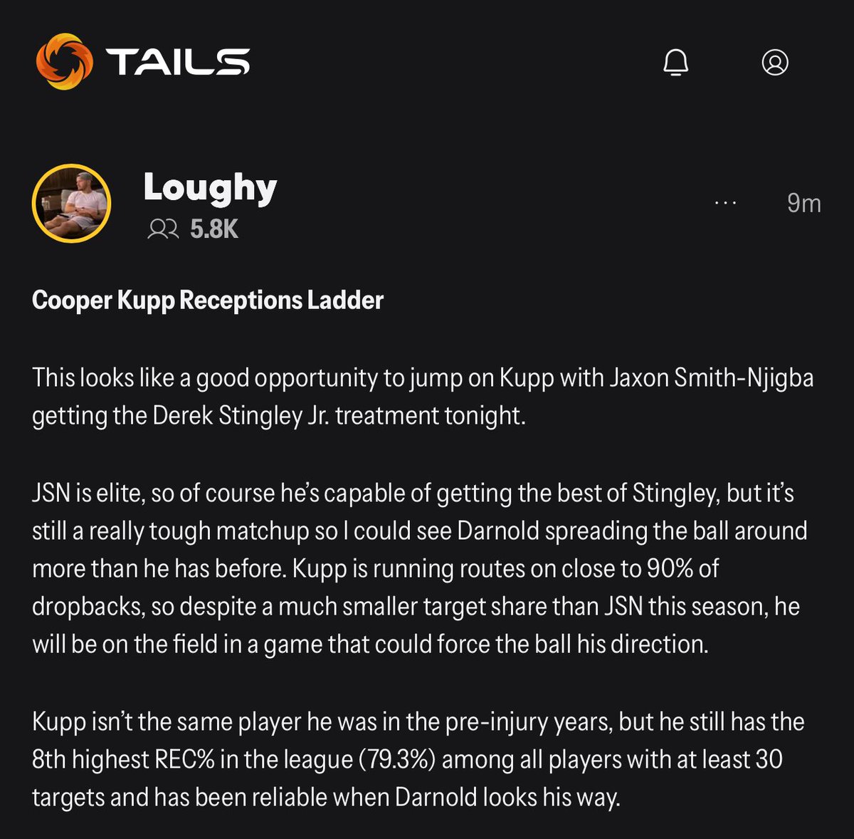 Taking a shot on JSN seeing a large dose of Derek Stingley Jr. tonight and laddering Cooper Kupp up to 7 receptions at +700 on Bet365

What’s MNF if we aren’t having fun? 

Analysis in image below 👇🏻