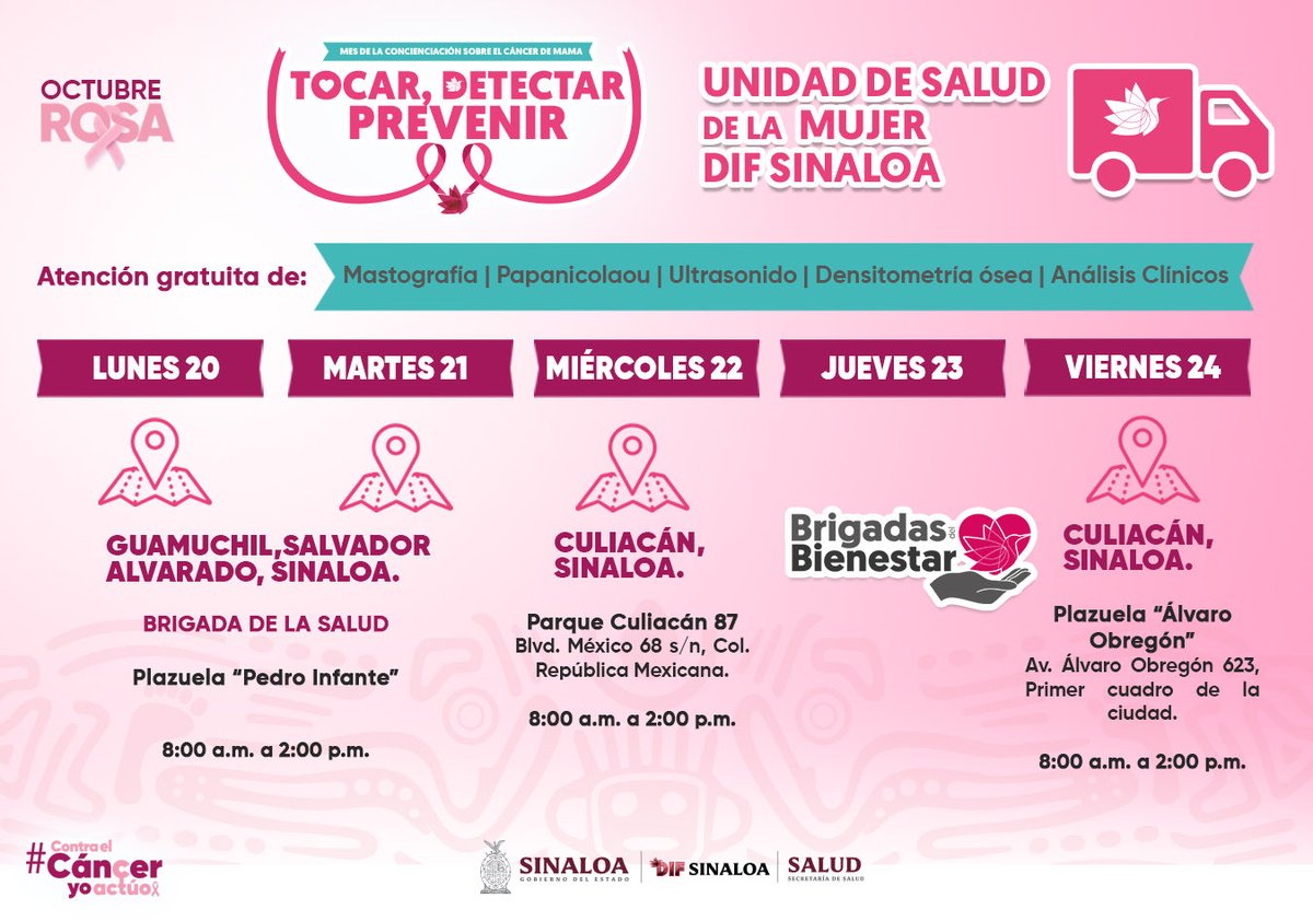 💗 ¡Seguimos cerca de ti!

La Unidad de Salud de la Mujer llega a tu municipio para brindarte atención y acompañarte en el cuidado de tu salud.

📅 Guamúchil, Salvador Alvarado: lunes 20 y martes 21
📅 Culiacán: miércoles 22 y viernes 24

Tu bienestar es nuestra prioridad. ✨🫶🏻