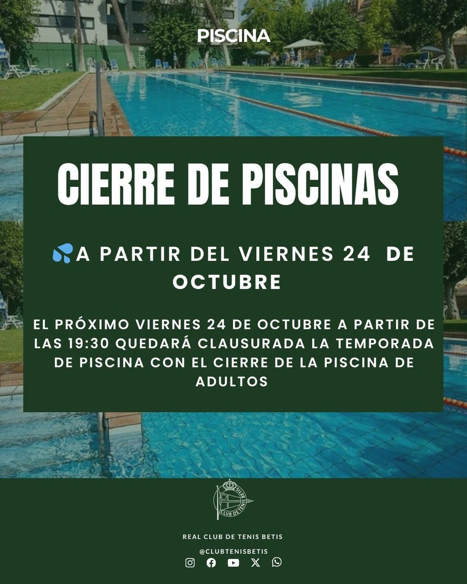 🏊‍♂️ 𝐂𝐢𝐞𝐫𝐫𝐞 𝐝𝐞 𝐥𝐚 𝐭𝐞𝐦𝐩𝐨𝐫𝐚𝐝𝐚 𝐝𝐞 𝐥𝐚 𝐩𝐢𝐬𝐜𝐢𝐧𝐚  

📌 Este viernes 24 de octubre, a las 19.30 horas, queda clausurada la temporada de piscina