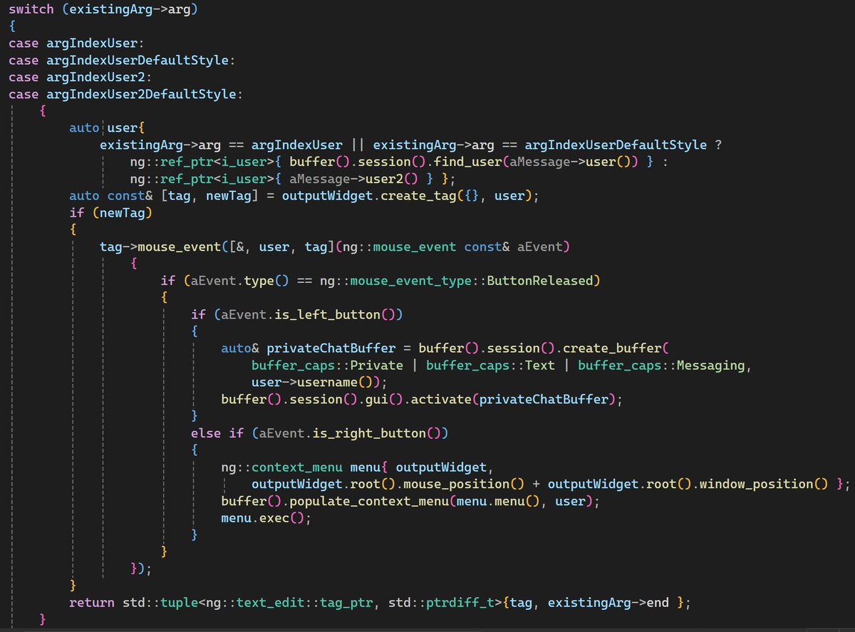 i42Software's tweet image. neoGFX text edit widget now supports tags, ClicksAndWhistles 3.0 instant messaging app uses this so you can click or right-click on nicknames in channel text window. #cpp #gamedev #coding #neoGFX #IRC
