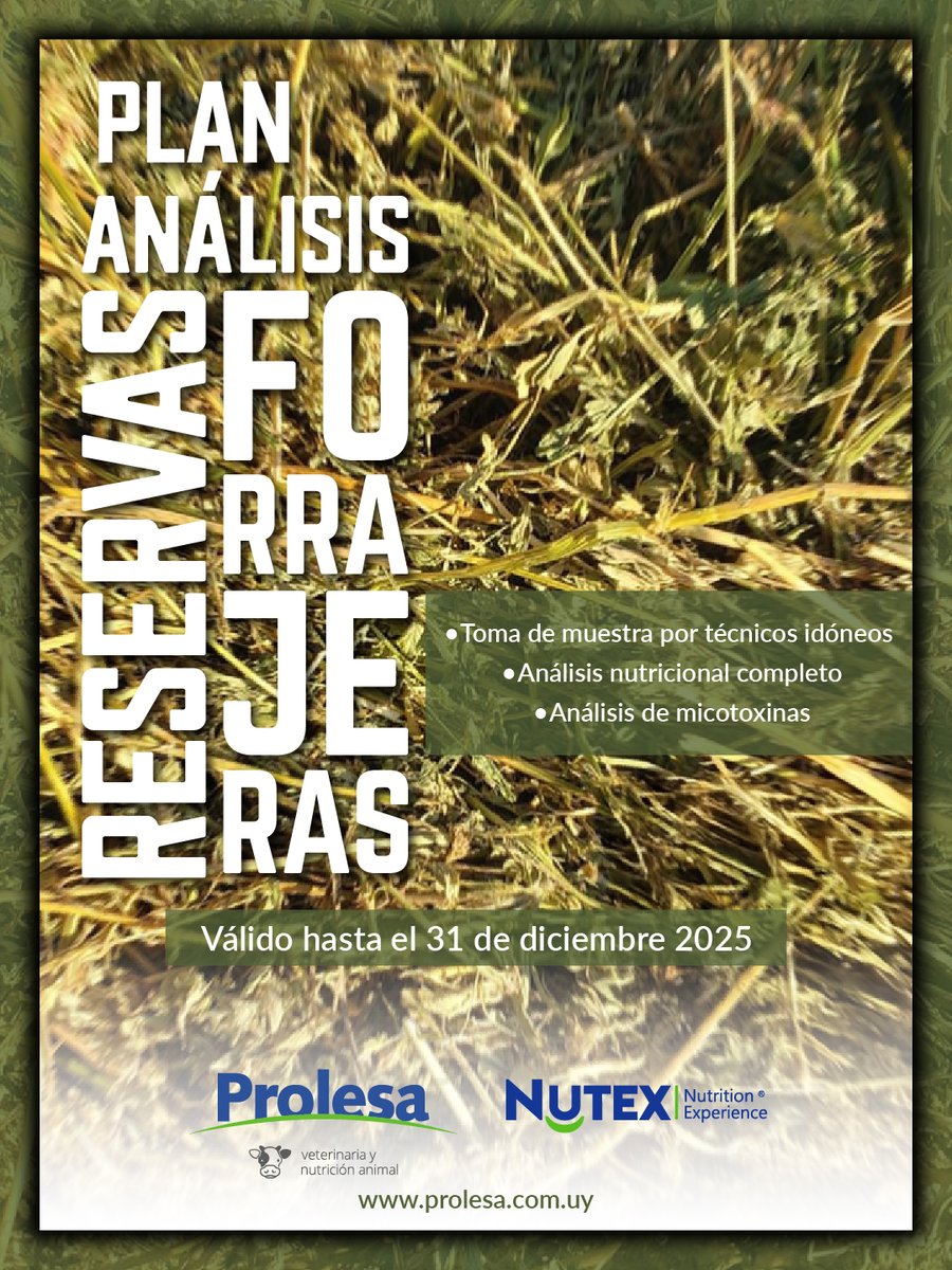 📢 Plan Análisis de Reservas Forrajeras
Acceda a un análisis nutricional completo y obtenga datos específicos para ajustar la dieta según los requerimientos de su rodeo.
📅 Vigente hasta el 31 de diciembre 2025
Por más información 👉 prolesa.com.uy