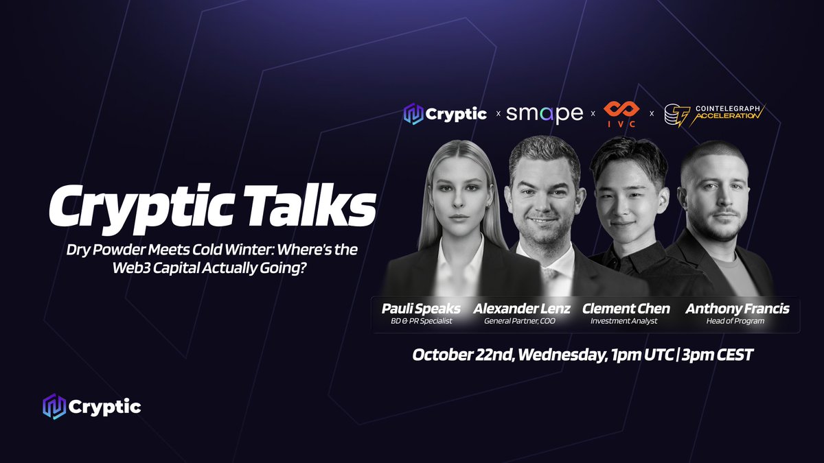 🎙 Cryptic Talks with <a href="/smape_capital/">SMAPE</a> x <a href="/ivcryptofund/">IVC (Infinity Ventures Crypto)</a>  x <a href="/CointelegraphAc/">Cointelegraph Accelerator</a>! 🎙

Dry Powder Meets Cold Winter: Where’s the Web3 Capital Actually Going?

📆 Date: Wednesday, October 22nd, 2025
⏰ Time: 1:00 PM UTC / 3:00 PM CEST
Host: <a href="/pauli_speaks/">Pauli</a>, BD &amp; PR Specialist at Cryptic
